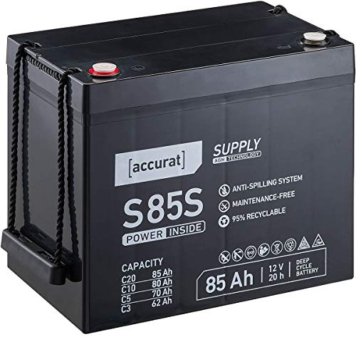 Accurat AGM Batterie S85-12V, 85Ah, zyklenfest, wartungsfrei, Blei Akku | VRLA Versorgungsbatterie, Solarbatterie, Bootsbatterie für Wohnmobil, Wohnwagen, Camper, Bootsbatterie, Mehr Sicherheit