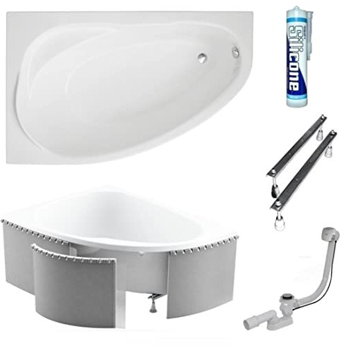 ECOLAM® Badewanne Wanne Eckwanne Eckbadewanne Acryl weiß Marea Polimat 160x100 cm LINKS + Styropoverkleidung 1.040 Ablaufgarnitur Ab- und Überlauf Automatik Füße Silikon Komplett-Set