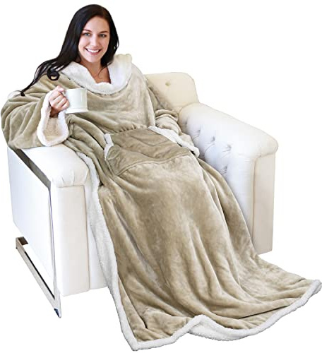 Catalonia Manta de sherpa con mangas y brazos, súper suave, cálida y cómoda, de forro polar grande, con mangas de felpa para TV, para mujeres y hombres adultos