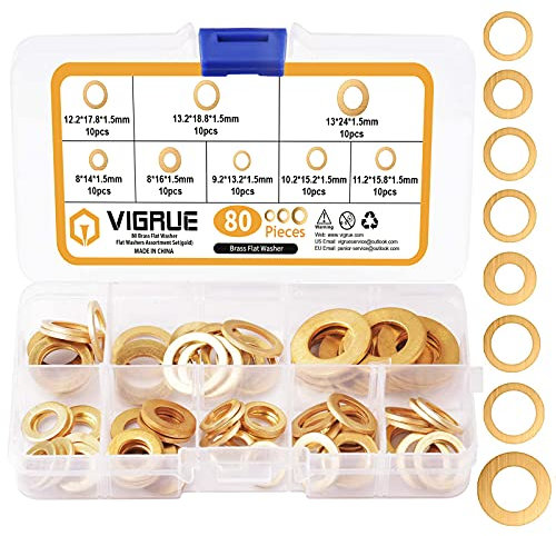 VIGRUE 80 Stück Fitschenring Sortiment, Massivem Messing Unterlegscheiben Set, Unterlegscheibe Tür Ø 8/9.2/10.2/11.2/12.2/13/13.2 mm für Türscharniere Türbänder in Sortimentskasten