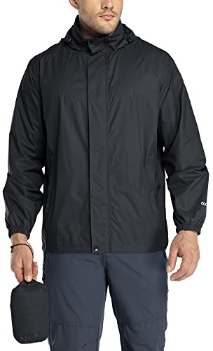 33,000ft Men's Lightweight Waterproof Outdoor Jackets Windproof Rain Shell Jacket Packaway Hooded Raincoat for Golf Fishing Cycling Black M