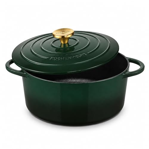 Küchenprofi Fuente de hierro fundido con tapa, interior verde/negro, 26 cm, cacerola, horno holandés, molde para hornear pan, esmaltado, para todo tipo de fuegos (incluida inducción), para guisar,