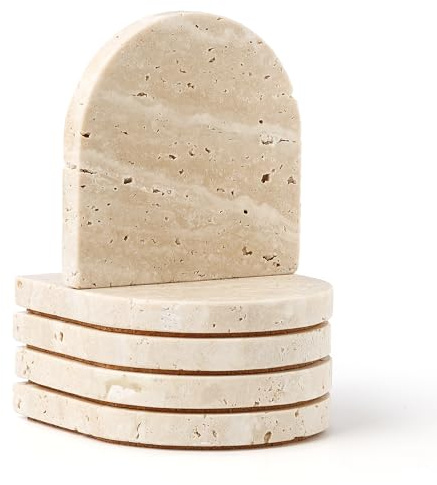 WORHE Marble Coaster for Drinks Set of 5 Natural Travertine Coasters for Home Decor Coffee Table, Modern Style Stone Cup Mat for Housewarming Party Hotel Bar Christmas Anniversary Present Beige(DL020)