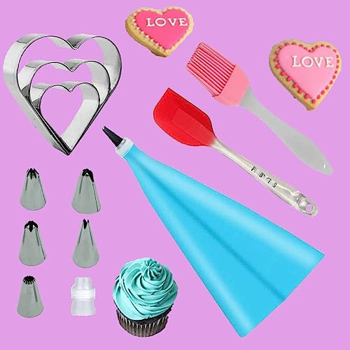 Cake Decorating Baking Pastry Supplies 12 Pcs Tool Kit Set Pastry Bag, Basting Brush, Heart Shape Cookie Cutter, Stainless Steel Piping Tips, Silica Spatula Cupcake Icing Finishing Non Stick Kitchen