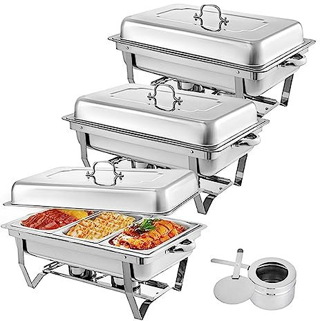 Adima Chafing Dish Buffet Set of 3, Stainless Steel Catering Serve Chafer Foldable Complete Set w/ 3 Third Size Food Pans for Wedding Party Banquet Catering Events