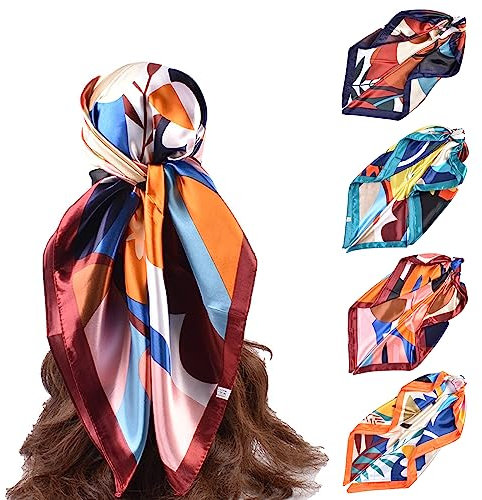 HENGBIRD 4-teiliges Set Damen Seidentuch - 90x90cm Kopftuch, Halstuch, Bandana & Haartuch, Sommer Quadratische Tücher, Stilvolle Satin Headscarf Haarschmuck, Elegantes Seidentuch Kopftücher