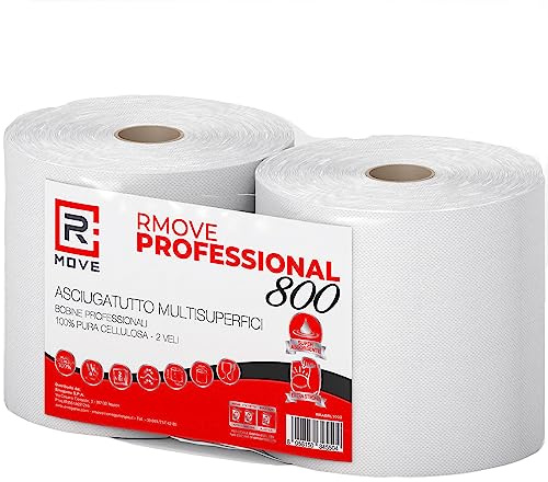 R MOVE 2 Rotoloni carta asciugatutto 1,7kg Totali, 900 strappi, bobina industriale mani, lunga durata extra resistente, rotolone 2 veli pura cellulosa, bobine assorbenti da cucina