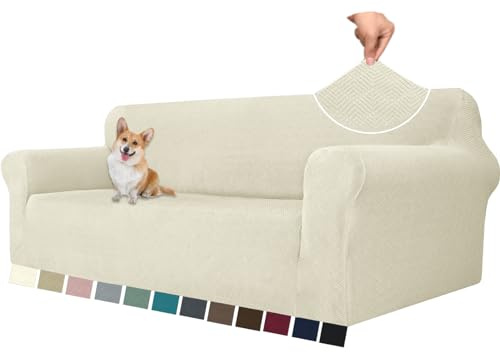 YSTELLAA Stretch Sofa Überzug 4 Sitzer, Sofaschoner rutschfest Mit Armlehne, Universal Jacquard Sofabezug, Waschbare Sofa Cover, Dicke Sofabezug Für Hunde Katzen Und Haustiere, Beige