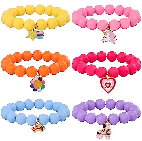 HLenyoy 6 Stück Bunte Perlen Armbänder Einhorn Herz Regenbogen Elastische Armbänder Freundschaft Armbänder