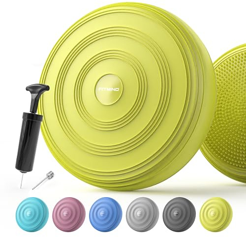 FITMIND Inflated Wobble Cushion,Circular Non-slip Texture for Comfortable Sitting, Extra Thick Dyna Disc with Pump for Core Strength,Wiggle Seat to Improve Posture, Fitness,660lb Load Capacity-Yellowish Green