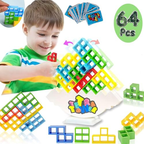 64Pcs Tetra Tower Spiel, Tetris Balance Tower Game, Stapelspiel Magnetic Building Blocks fur Kinder, Tetris Game Stacking Blocks, Balancing Games Building Puzzle Spielzeug, Familie Geburtstag Spiele