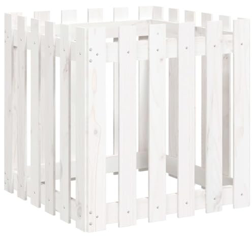 Hochbeet aus Holz, Lattenzaun Design Blumenbeet Blumenkasten Pflanzkasten Pflanzbeet Gartenbeet Pflanzkübel für Garten & Balkon, Weiß 60x60x60cm Massivholz Kiefer