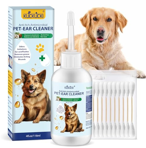 KUCKUCKI Limpiador para Orejas de Perros Y Gatos 118ml con 10 Bastoncillos, Alivia el Escozor irritaciones y el Mal Olor, Solución Limpieza Oídos Perros Sin Alcoho, Naturales eficaces Cuidado