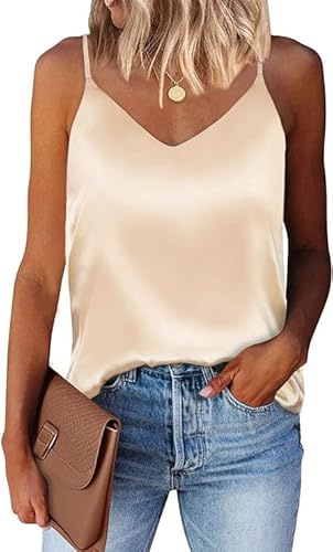 Vossmi Mujer Camiseta sin Manga Sexy Cuello en V Camisola de Tirantes de Satén Chalecos Interiores para Mujer Elegante Strappy Top(Champán,XL)