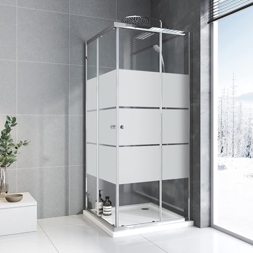 Duschkabine 90x90 Eckeinstieg Schiebetür,Silber Doppel Schiebetür Duschabtrennung 6mm ESG Glas Duschwand Dusche mit Gestreift,Höhe 185 cm