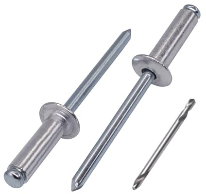 SKIR'CO (150 Stück) Blindnieten aus verzinktem Stahl 4,8 x 16 mm, Stahldorn, Popnieten, Kuppelkopf, DIN 7337 Nieten, Bohrer enthalten