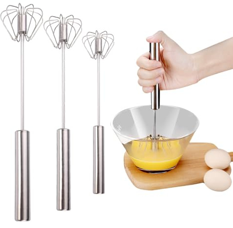 Halbautomatischer Schneebesen aus Edelstahl, Schneebesen Edelstahl, Halbautomatischer Schneebesen aus Edelstahl, Drehbarer Push Mixer Rührer zum Schneebesen, Schlagen, Rühren (3pcs)