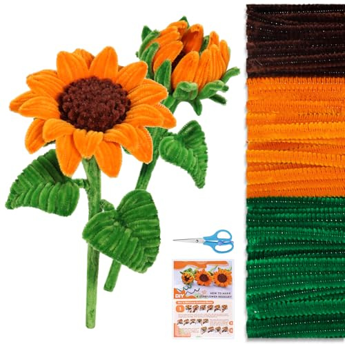 Riddur Pfeifenreiniger Blumen, Sonnenblumen Pfeifenputzer zum Basteln, Pfeifenputzer Rot mit 190 Stück Pfeifenputzer mit 3 Farben, Anleitung, Schere, 4 Stück Blumendraht Pfeifenputzer