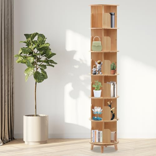 Drehbares Bücherregal, Runden Standregal, 360° Drehregal Holzregal mit Tischfuß, Bodenständer, Multifunktionales Dekoregal, Aufbewahrungsregal, Buch-Organizer für Schlafzimmer, Wohnzimmer (6 Etagen)