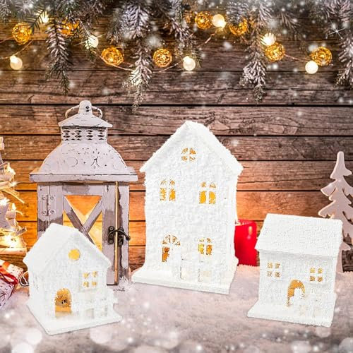 Funmo Village de Noël avec éclairage - Lot de 3 maisons en bois - Maisons de Noël avec lumières - En bois - Piles incluses - Décoration d'hiver