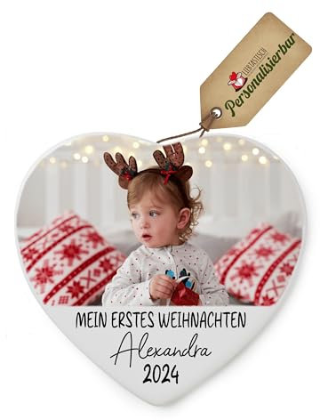 Keramik-Weihnachtsornamente – Weihnachtsbaum-Deko für Ihren Weihnachtsbaum – Personalisierte Weihnachtsanhänger – Weihnachtsbaumschmuck mit Foto - Mein erstes Weihnachten (Herz)