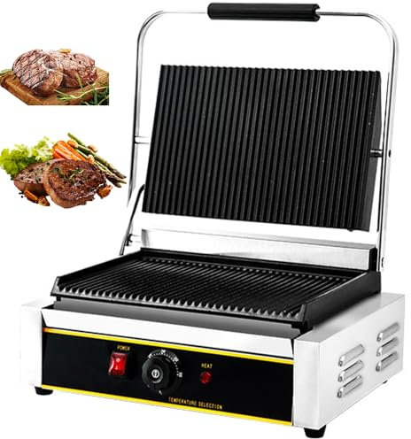 Electric Panini Press Grill, Commercial Mini Steak Machine with 50-300℃ Temp Control and Touch Handle, Non-Stick Panini Grill Maker for Panini's Steaks Toastie Vegetables Prawns Meat Fish