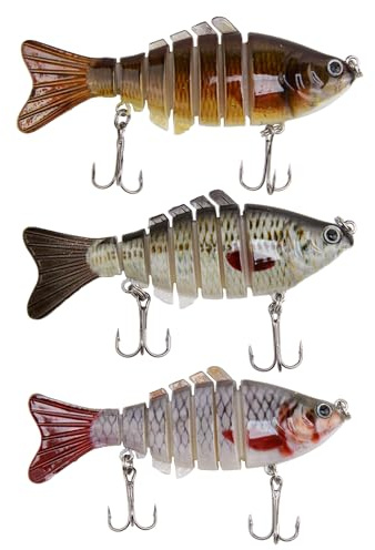 3Pcs Pike Fishing Lures, 10cm Multi Jointed Pike Lure with Hooks Segmented 3D Lifelike Swimbait Wobbler Fishing Gear Tackle Sinking Lure Fish for Men Freshwater Saltwater Fish