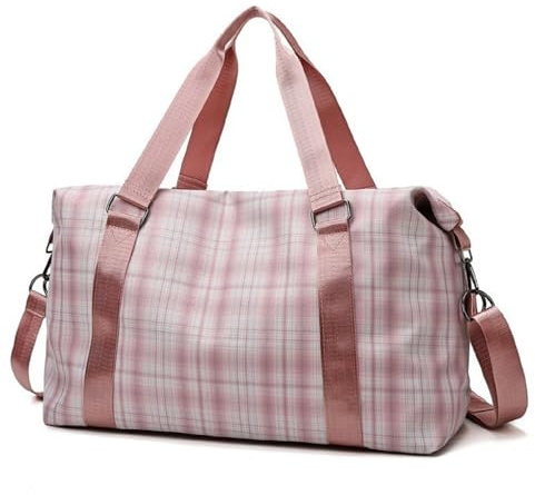 acfeco 25L Sporttasche Damen, Schwimmtasche mit Nassfach, Wasserdicht Handgepäck Trainingstasche Reisetasche Weekender Tasche für Fitness Yoga und Reisen Rosa Kariert