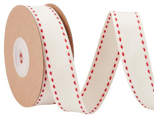 MAYJOYDIY Cinta de algodón rojo cosido de 9,1 m Cinta de rayas natural de 22 mm para embalaje de regalo ramo de boda