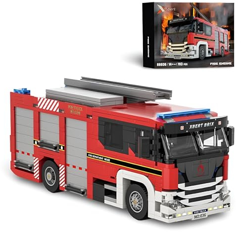 DrmBeyd Technik City Feuerwehrauto Bausteine Bausatz, 704 Teile Feuerwehrauto LKW Klemmbausteine Modellbausatz, Geschenk für Erwachsene und Kinder, Kompatibel mit L***