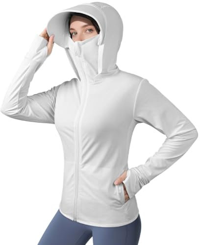 AUYAO Women's UPF 50+ Sun Protection Hoodies Long Sleeve Sun Shirts Rash Guard Top Sun Protection UV Protection Jacket Lightweight Hoodie Jacket with Thumb Holes for Hiking Running Outdoor(White)