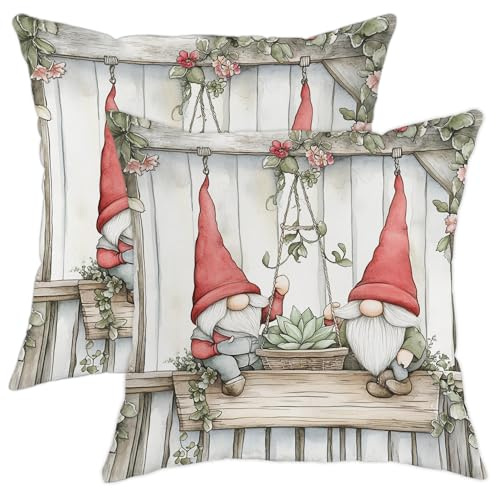 Juego de 2 fundas de almohada con diseño de gnomo, sombreros rojos, para jardín, suculentas, decoración del hogar, para sofá, cama, 12 x 12 pulgadas