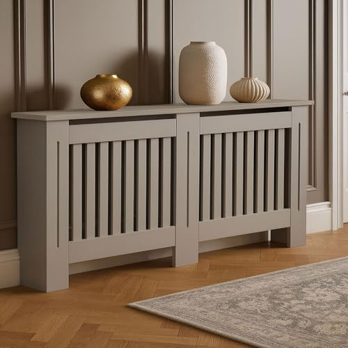 Neo Grey Decorative Radiator Cover Cabinet Wood Panel Slatted Front Compact Heater Design Console Table (Large H83.3 x W152 x D19 cm)