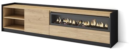 Skraut Home | Mueble TV | Televisión | Muebles de salón, almacenaje | 207x50x37 cm | para TV hasta 80 | Chimenea eléctrica | Estilo Moderno | Roble y Negro