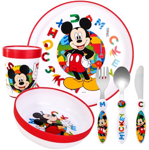 Kids 6 Piece Reusable Dinner Set - Plate/Bowl/Cup/Knife/Fork/Spoon - Childrens Dinnerware Tableware Cutlery Set (Mickey Mouse)