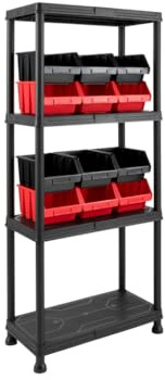 Kreher® Kunststoff Steckregal 60x30x134 cm mit 4 Ebenen & 12 Lagerboxen - Robust, 25 kg pro Boden, Kunststoffregal für Keller, Garage, Haushalt & Werkstatt - Schwarz