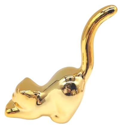 Mini Djurskulptur Keramik Smyckesställ Indö Små Dekorationer Unik Presentidé, Uppvänd, Svans Katt Guld