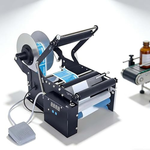 CUTANGELAR Etikettiermaschine Für Runde Flaschen, Etikettendrucker Mit Fußpedal, Hochgeschwindigkeitsapplikation (30 Etikettierungen/min), Für Runde G-las- Und Kunststoffflaschen(Upgrade)