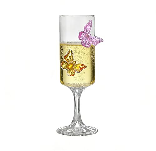 Copas de vino transparentes románticas, copas de vino decorativas con mariposas 3D, 200 ml, cristalería para cócteles de vino, para bar, restaurante, fiesta, cena (Amarillo rosado)