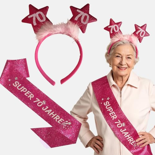 2er Set 70. Geburtstag Haarreif und Birthday Queen Schärpe Rosarot Geschenk | Birthday Schärpe Stirnband mit Sternen 70 Geburtstagshaarreif für Frauen, 70. Geburtstag Geschenke Partyzubehör