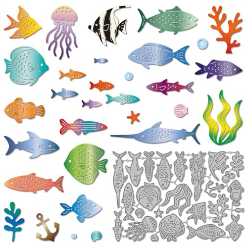GLOBLELAND Troqueles de corte de concha de pescado, coral para hacer tarjetas, estrellas de mar, algas, conchas y motivos marinos veraniegos, ideales para álbumes de recortes, manualidades de papel