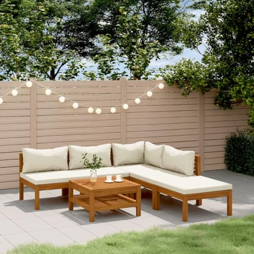 PTUGUOF 6-TLG. Garten-Lounge-Set aus massivem Akazienholz mit Couchtisch, abnehmbaren cremefarbenen Kissen und modularem Aufbau für Flexible Anordnung auf Terrasse oder im Garten
