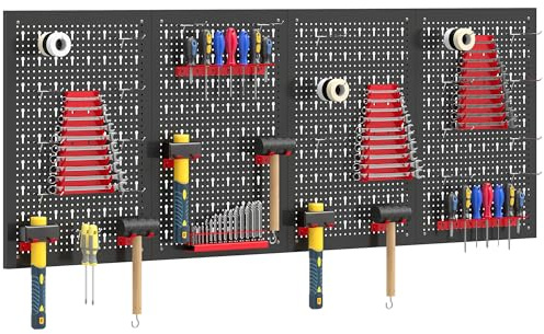 HOMCOM 4 Paneles de Herramientas de Pared 60x40 cm, 38 Pzs, Negro y Rojo
