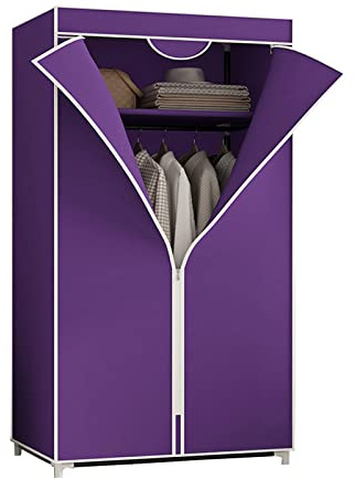 Bärbar tyggarderob med hyllor och hängande skena – lila garderob lätt förvaringslösning för kläder 155 x 70 x 45 cm perfekt för små utrymmen