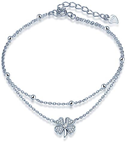 Yumilok Fußkettchen, Fußkette für Damen, Mädchen, 925 Silber, Kleeblatt, Perlen, Doppelkette, Silberfarben, One Size, Sterling Silber, Zirkonia, One Size, Sterling-Silber, Zirkonia