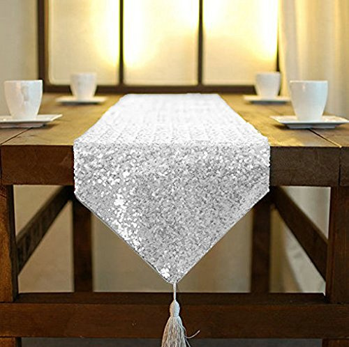 ShinyBeauty Sequin Tassel Table Runner Silver 12in x 90in Sequin Table Runners with Tassels Rustic Fall Table Runners for Home Decoration~1005E