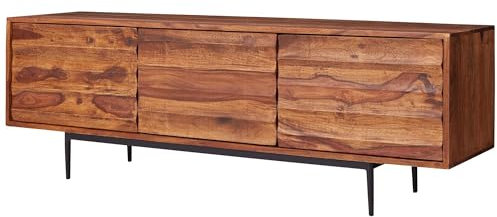 FineBuy HiFi Lowboard FB51426 Sheesham Massivholz Landhaus TV Kommode 147x50x38cm, Fernsehschrank Unterschrank mit 3 Türen, Fernsehtisch Ablagefach, Fernsehkommode TV Möbel Braun