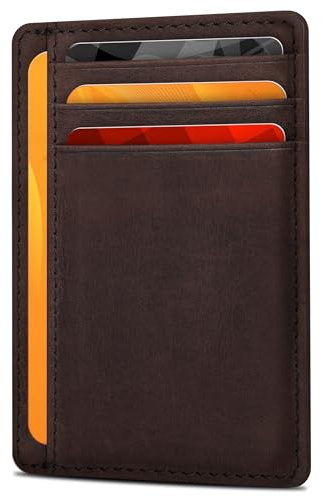 Läder minimalistisk plånbok för män och kvinnor RFID framficka läder korthållare plånböcker, Brun jägare, Small, minimalist