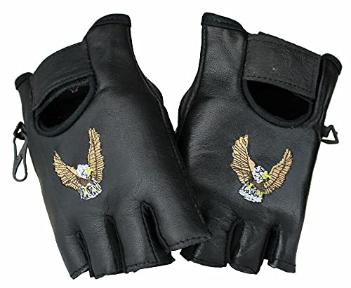 EURO STARS Biker Fingerlose Adler Lammleder Handschuhe Schwarz, Motorcycle Fingerless Leather Gloves (2XL, Schwarz)