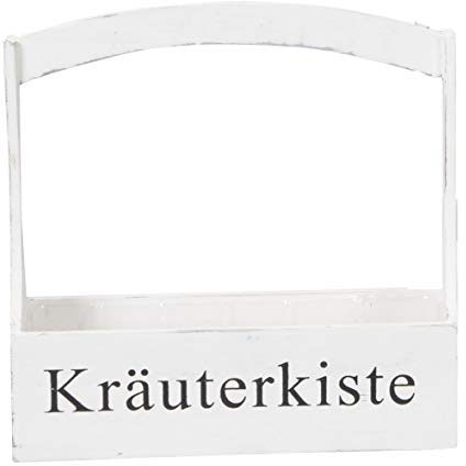 ETC dekorativer Pflanzkasten Kräuterkasten Pflanzschale mit Bügel und schwarzem Aufdruck KRÄUTERKISTE Holz Shabby weiß (klein ca. 31 cm lang)